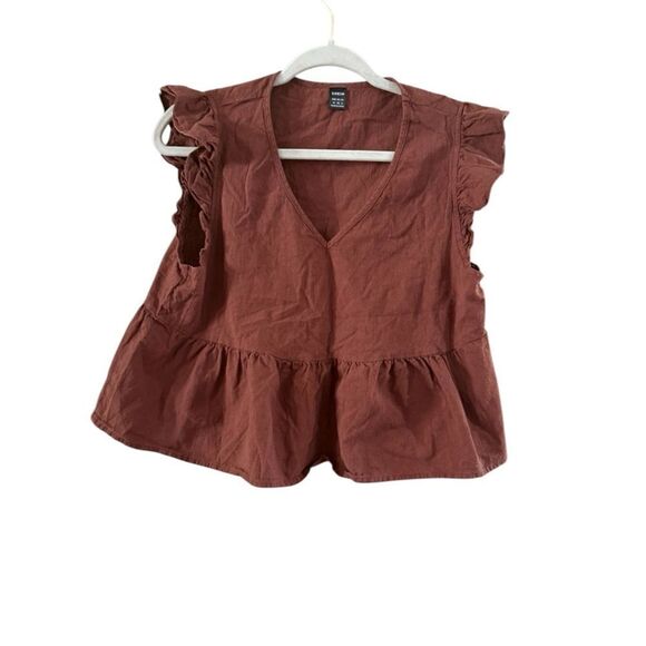 Shein Brown Blouse Ruffle Sleeves Hem Medium - Picture 8 of 9